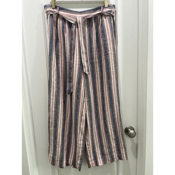 FRAME 100% Linen Wide Leg Striped Cropped Belted Pants Sz 6 - Picture 1 of 7